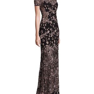 Like New BCBG MaxAzria maxi dress with crochet lace in black and tan